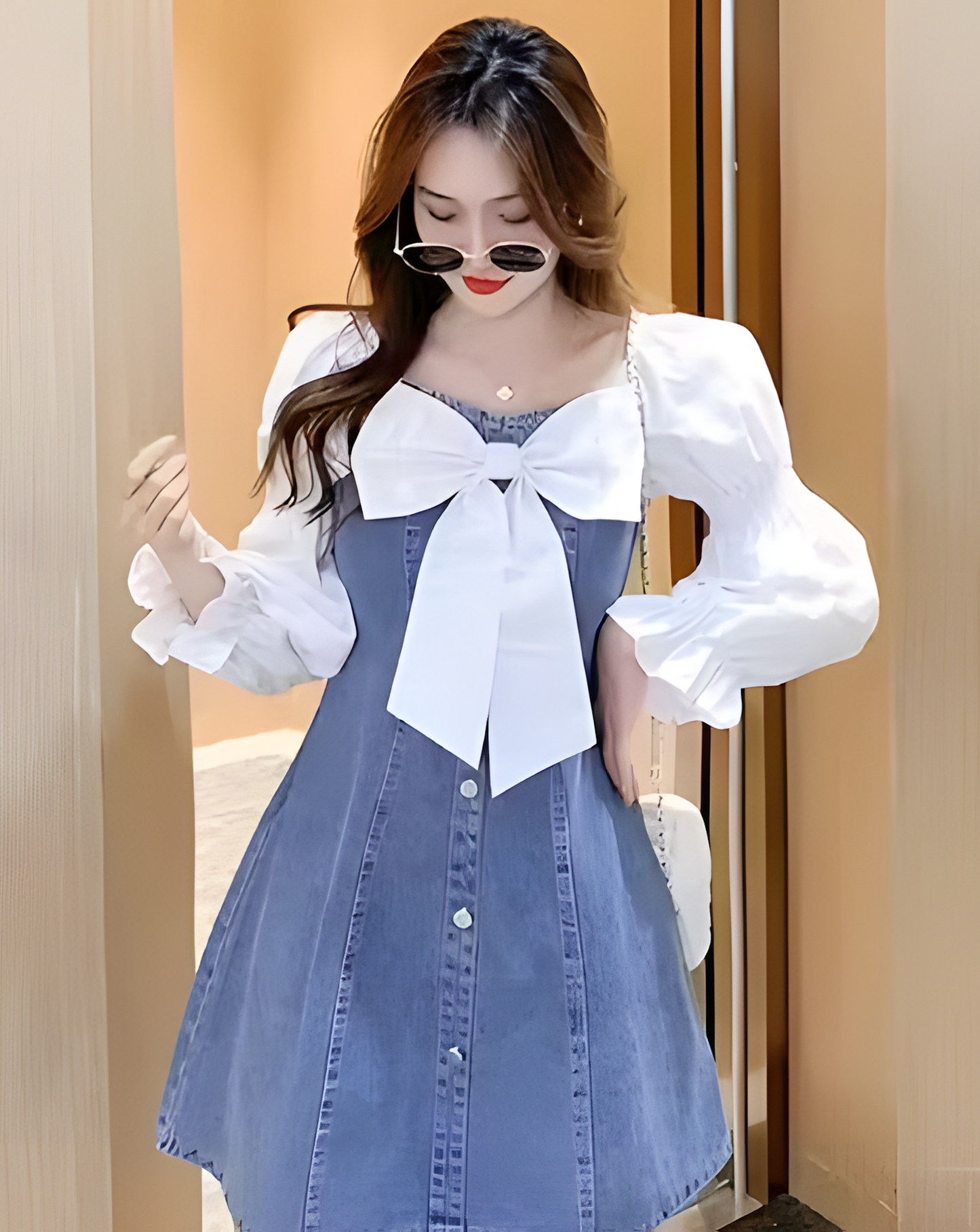 Denim Chic Puff Sleeve Bow Dress – Korean Style