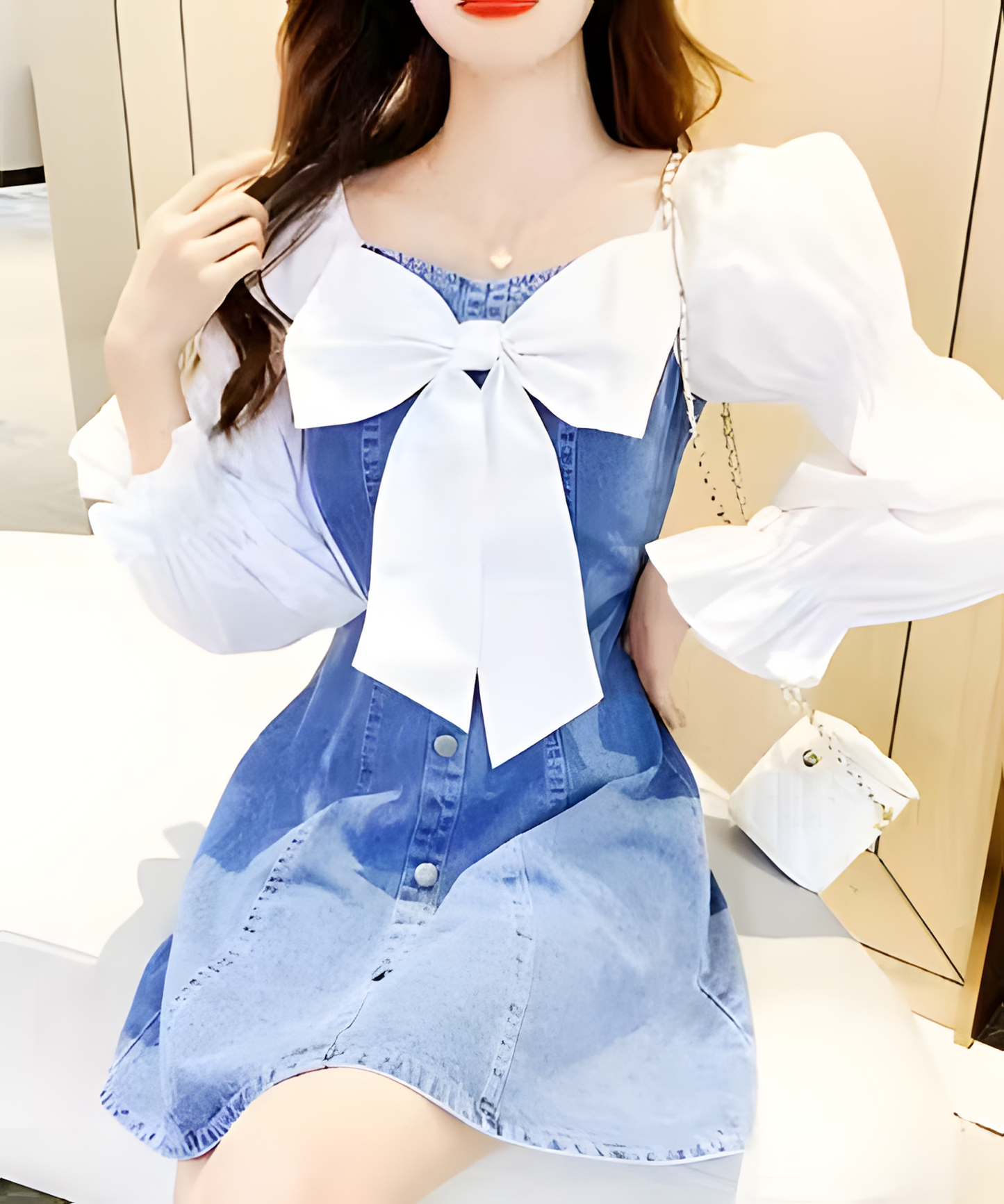 Denim Chic Puff Sleeve Bow Dress – Korean Style