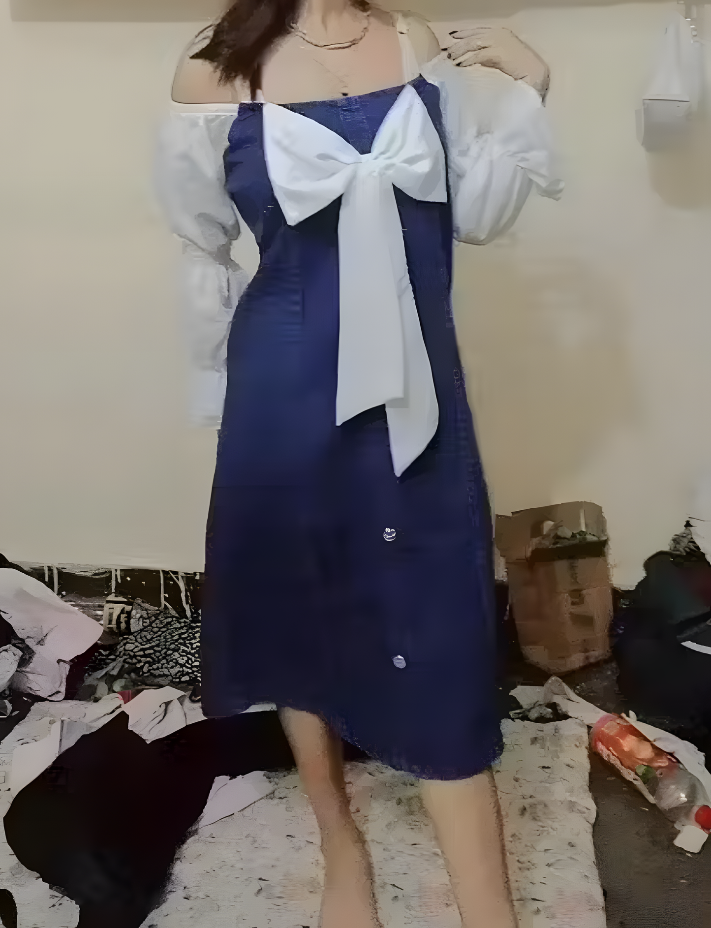Denim Chic Puff Sleeve Bow Dress – Korean Style