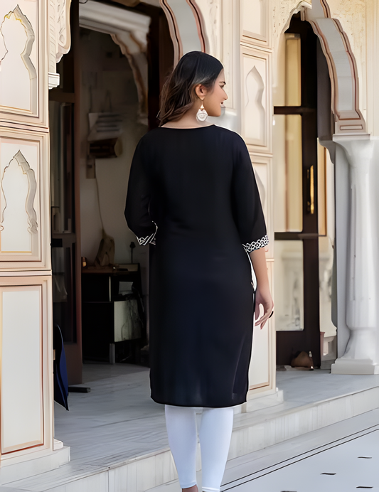 Black Embroidered Rayon Kurti 3/4 sleeves