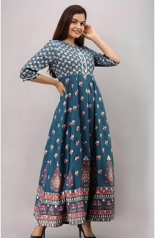 Teal Blue Printed Anarkali Kurta – Grace in Every Twirl - Ramya