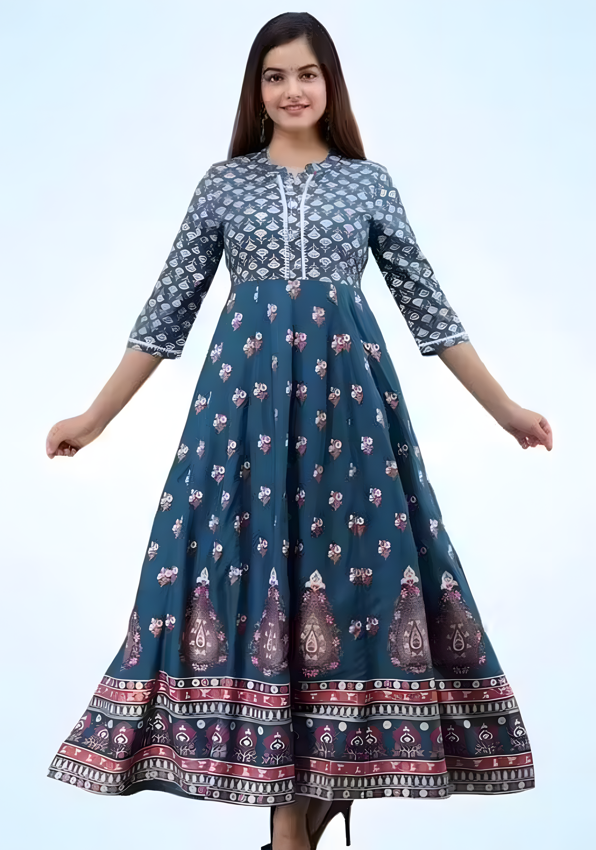 Teal Blue Printed Anarkali Kurta – Grace in Every Twirl - Ramya