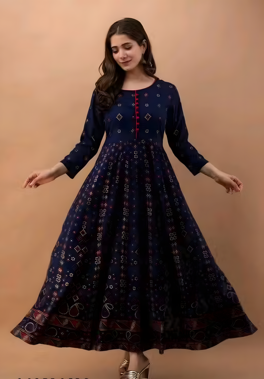 Navy Blue Printed Anarkali Kurta – Elegant & Ethnic - Ramya