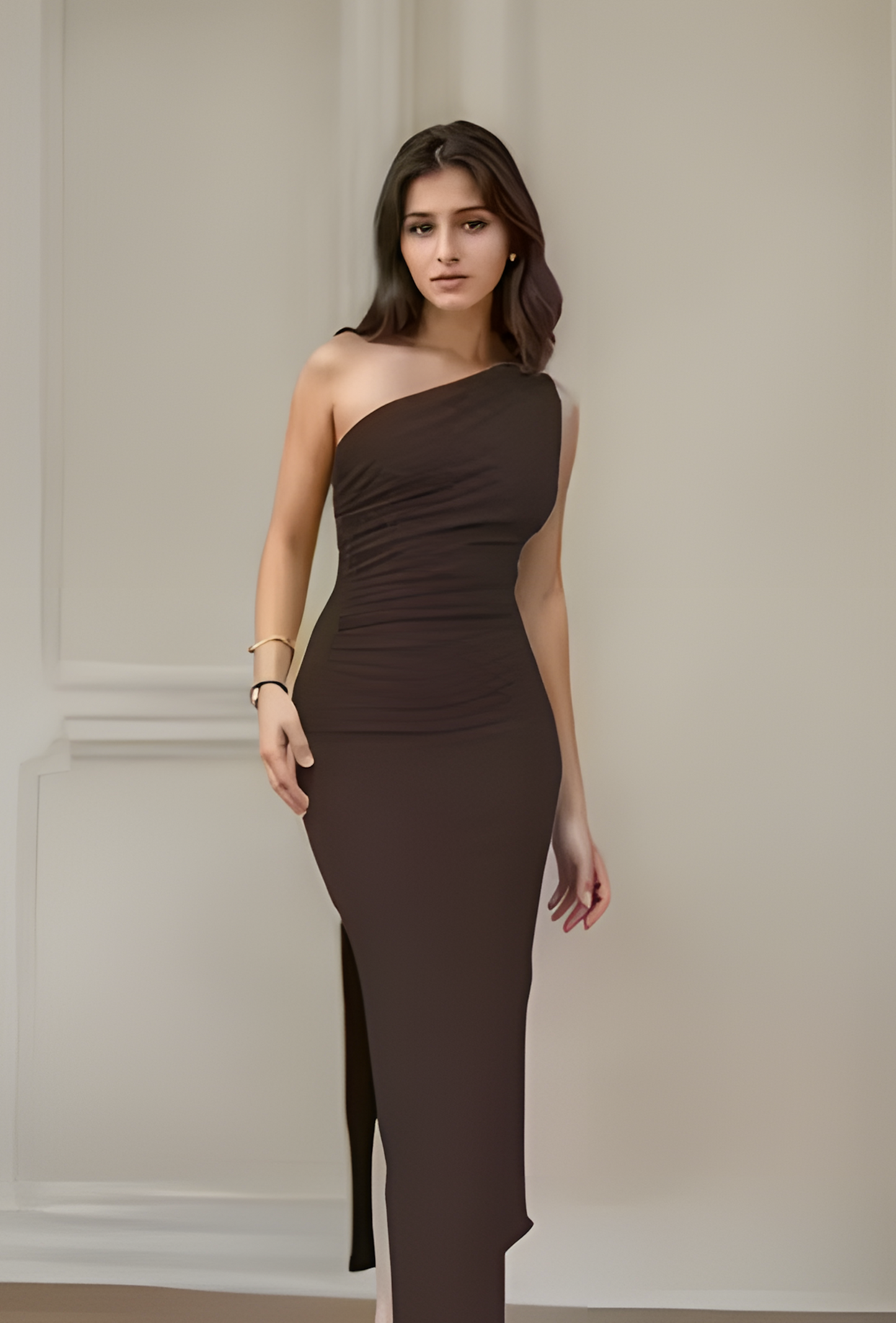 Elegant One-Shoulder Bodycon Evening Gown – Coffee Brown