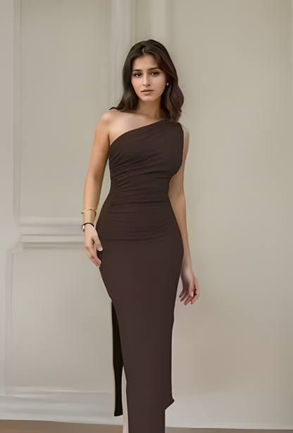 Elegant One-Shoulder Bodycon Evening Gown – Coffee Brown