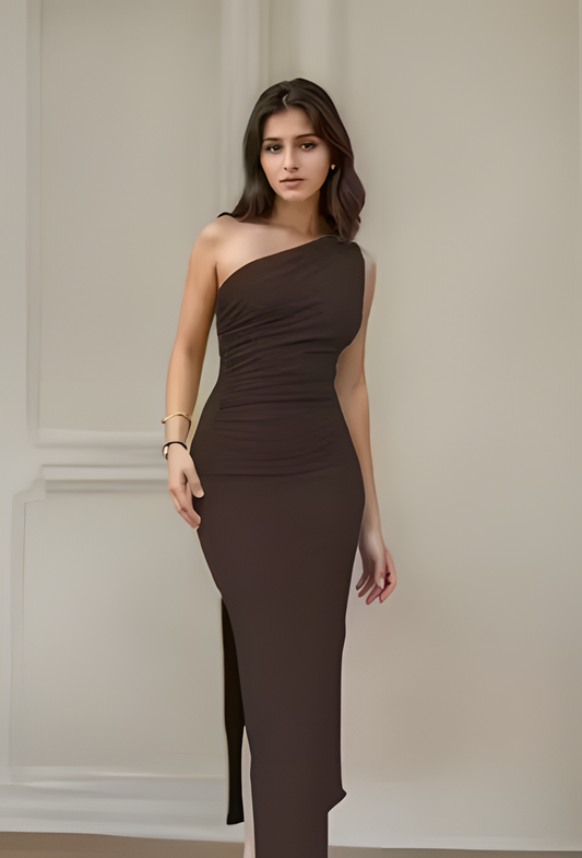 Elegant One-Shoulder Bodycon Evening Gown – Coffee Brown