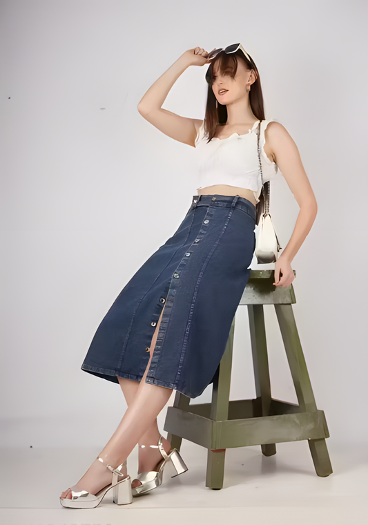 Stretch High Waisted Two Button Up Flared Dobby Denim Skirt For Women & Girls