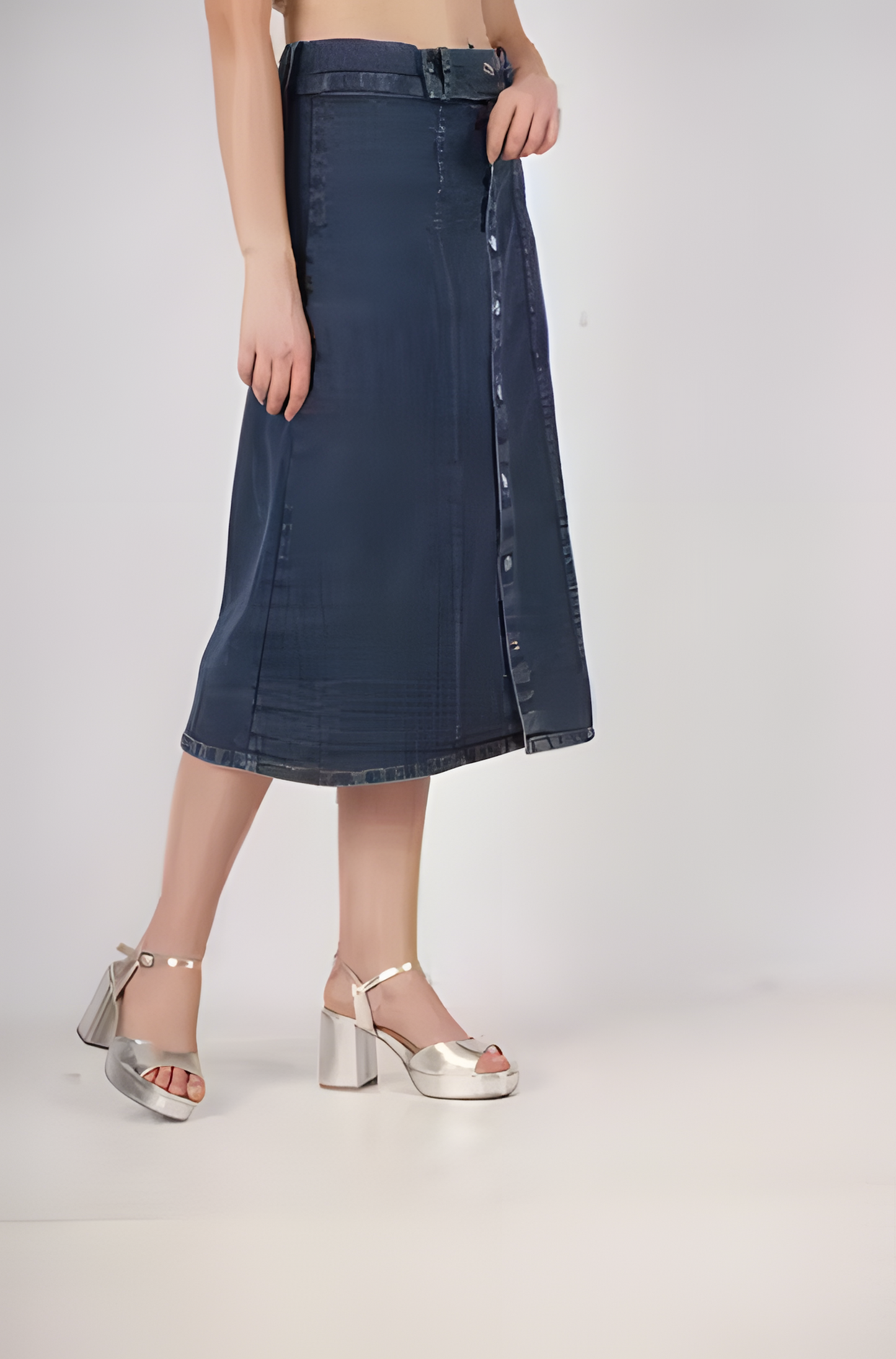 Stretch High Waisted Two Button Up Flared Dobby Denim Skirt For Women & Girls