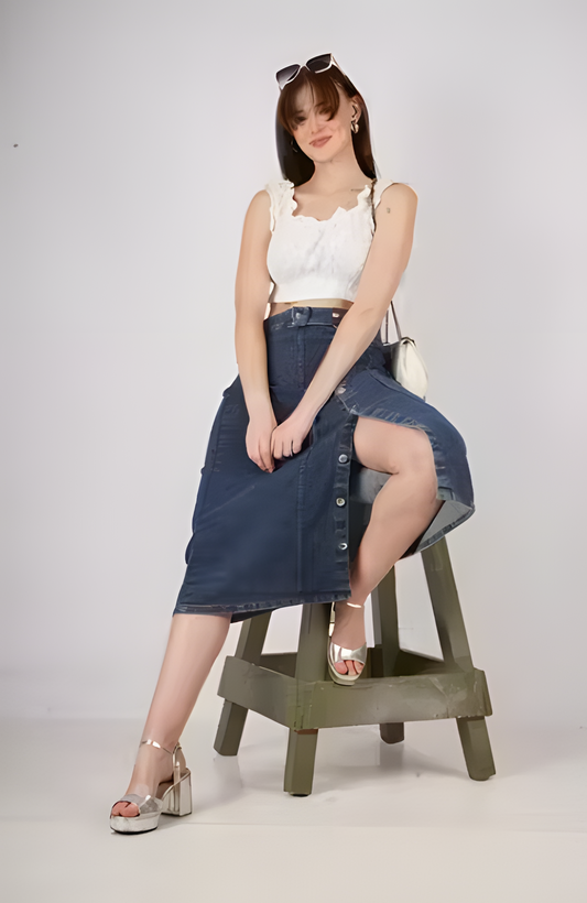 Stretch High Waisted Two Button Up Flared Dobby Denim Skirt For Women & Girls