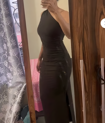 Elegant One-Shoulder Bodycon Evening Gown – Coffee Brown