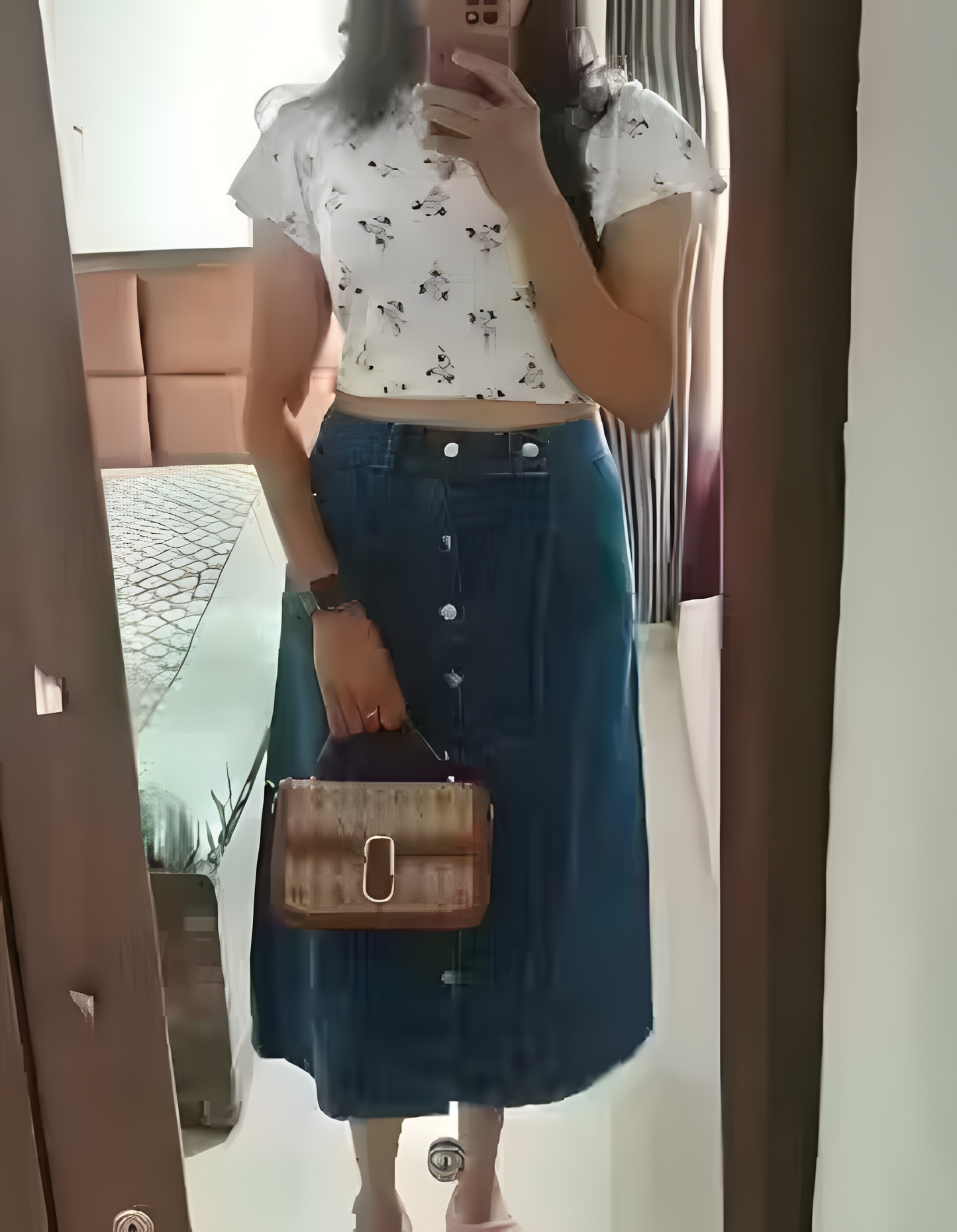 Stretch High Waisted Two Button Up Flared Dobby Denim Skirt For Women & Girls