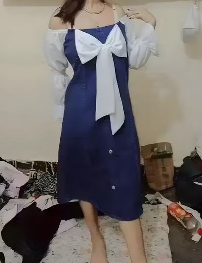 Denim Chic Puff Sleeve Bow Dress – Korean Style