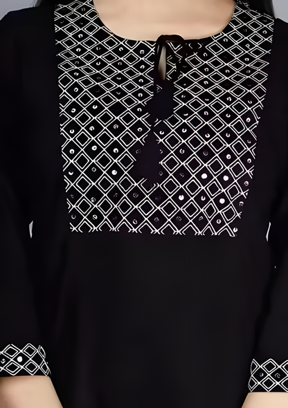 Black Embroidered Rayon Kurti 3/4 sleeves