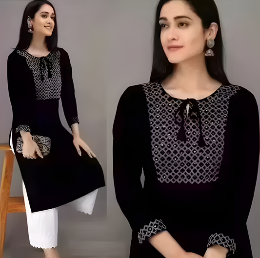 Black Embroidered Rayon Kurti 3/4 sleeves